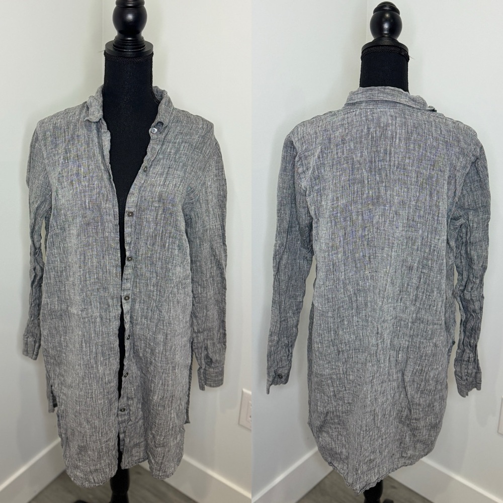 J.Jill Love Linen Heather Gray Long Sleeve Button Up Shirt Dress (L)